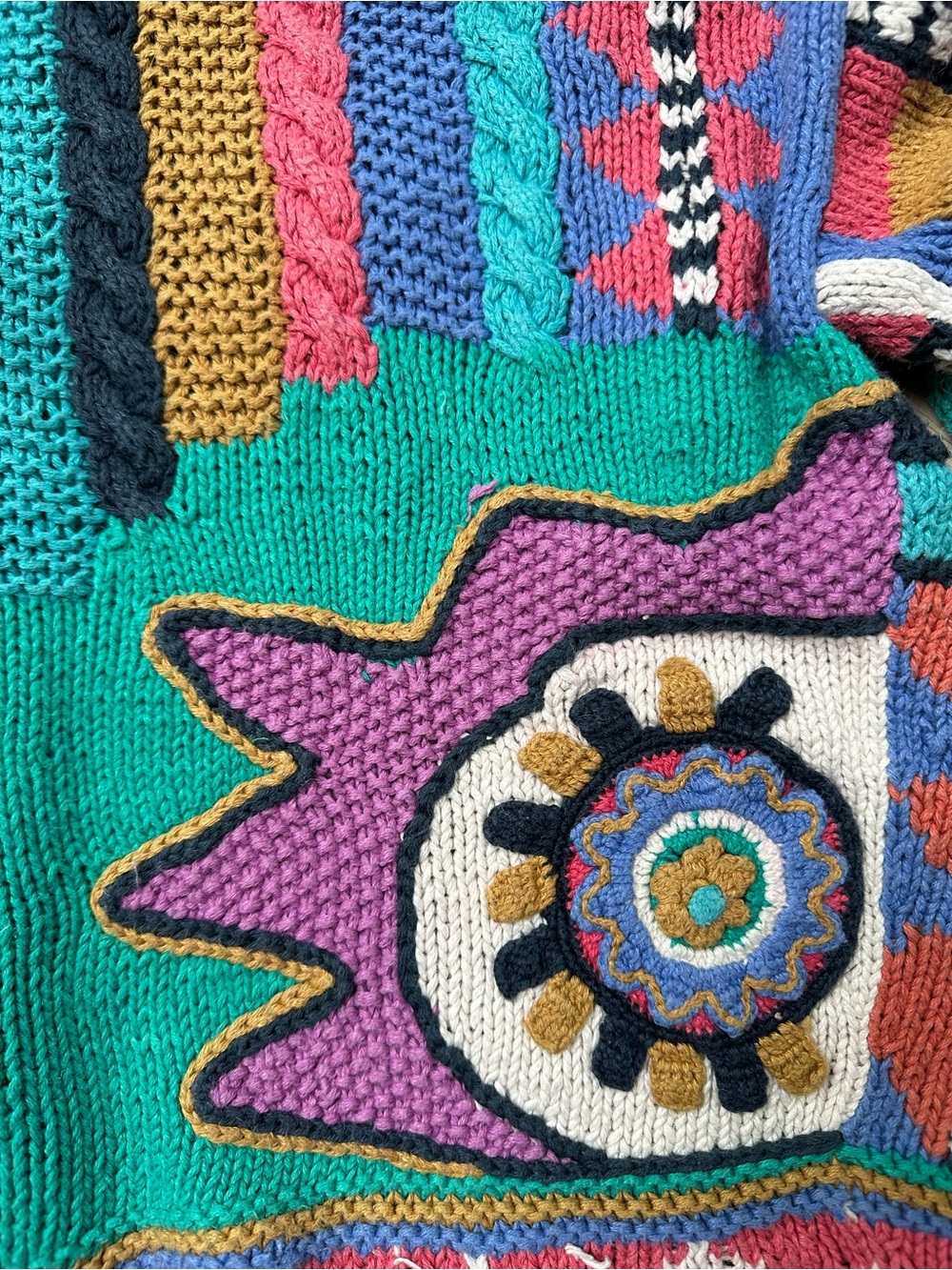 Hand-Knit Patchwork 80s 90s Bold Graphic Quirky Maximalist Oversized Sweater ~ M - Picture 6 of 17